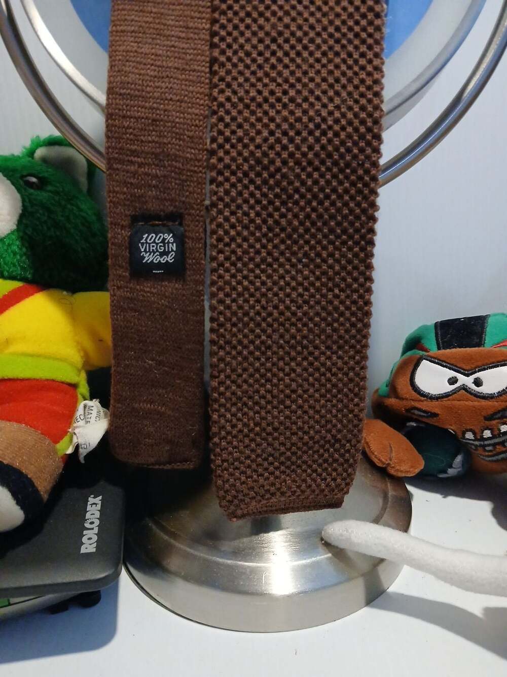 Vintage Brown Knit Neck Tie 100% Virgin Wool Square Bottom